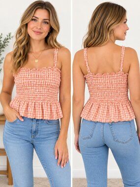 Meraki XL Coral Gingham Smocked Ruffle Cami Crop Top Peplum